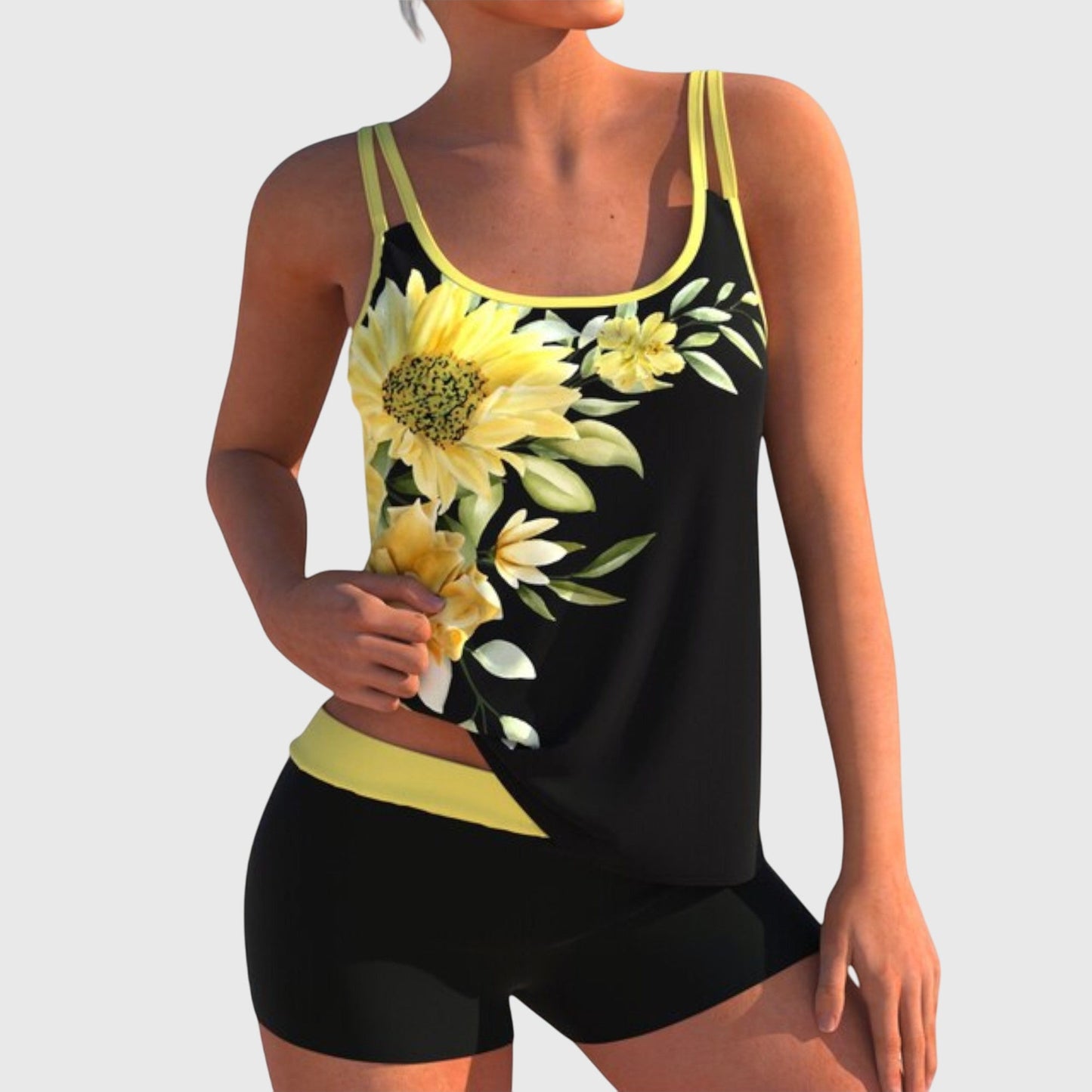 Flor – Tankini floral con shorts, efecto aplanador de abdomen