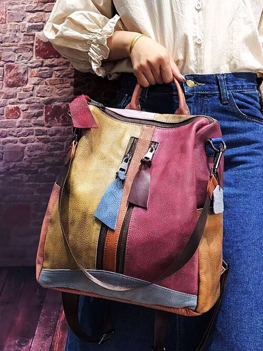 Mochila de cuero multicolor de cuero para mujeres