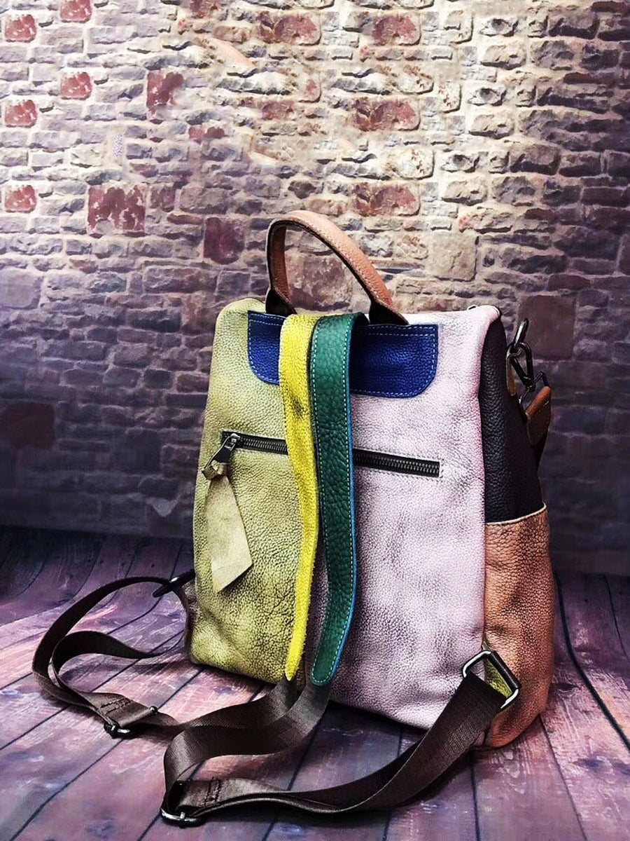 Mochila de cuero multicolor de cuero para mujeres