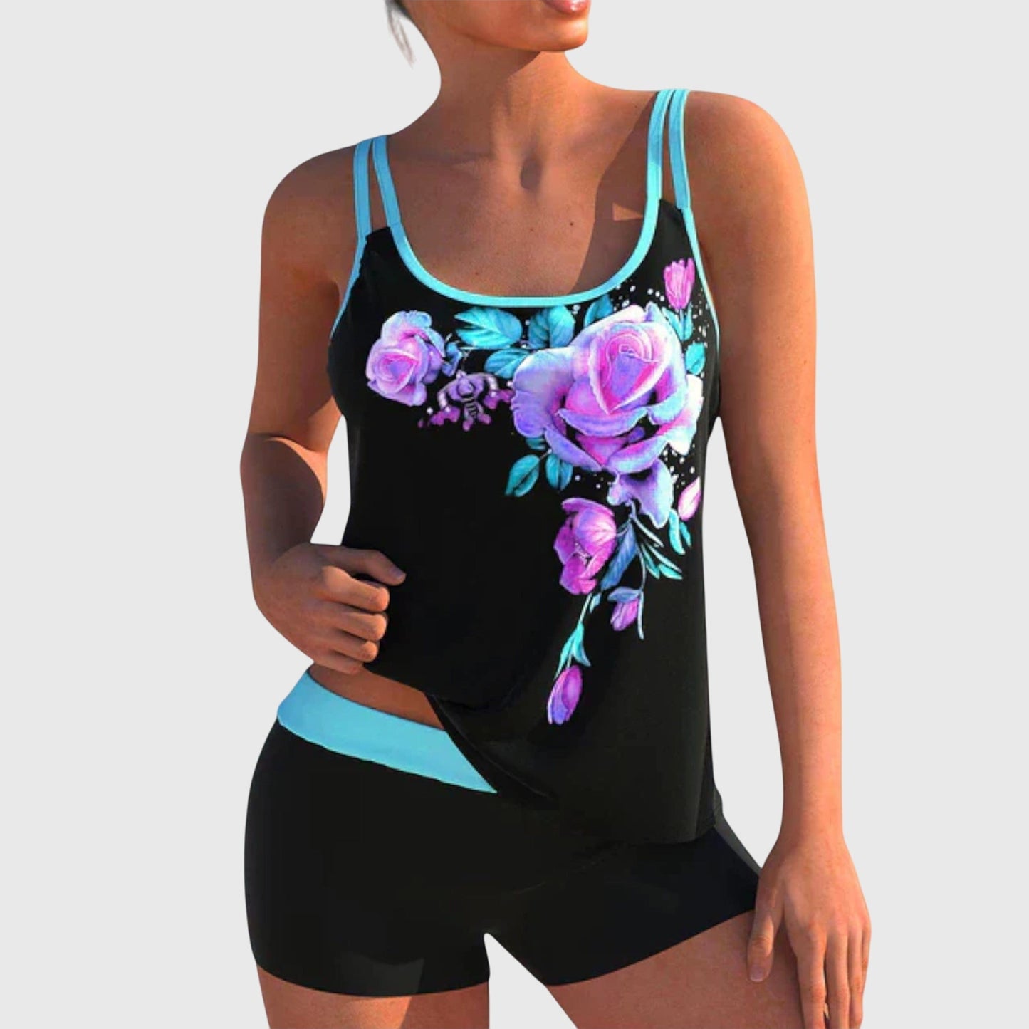 Flor – Tankini floral con shorts, efecto aplanador de abdomen