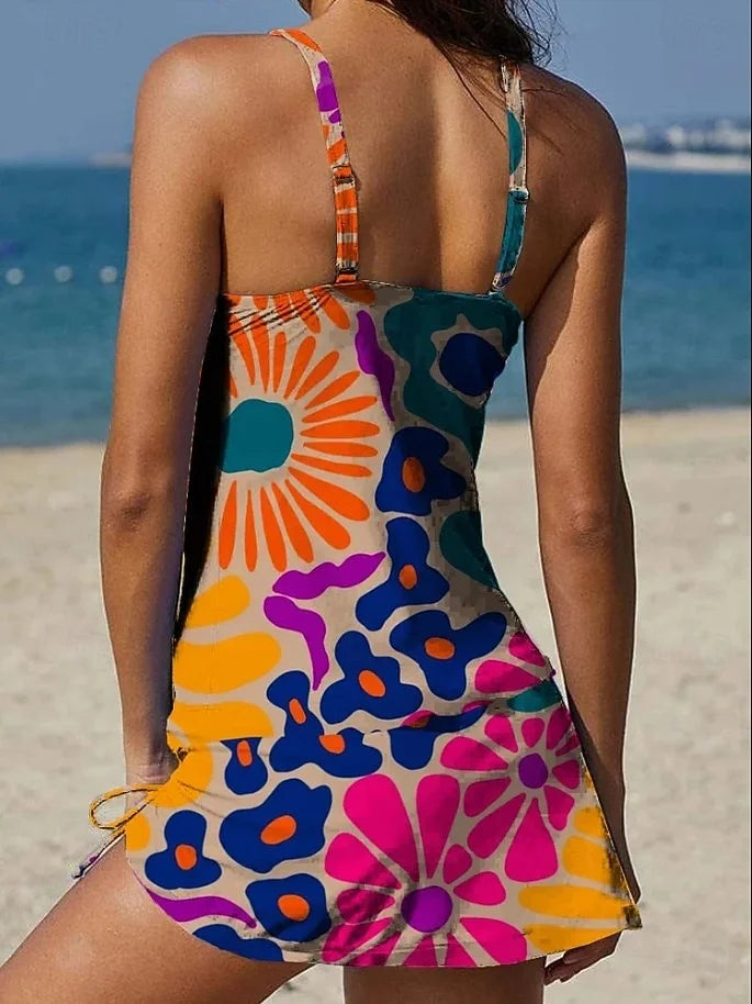 Fiesta – Tankini con estampado floral y shorts, efecto aplanador de abdomen.