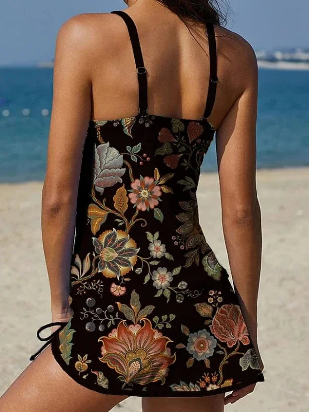 Fiesta – Tankini con estampado floral y shorts, efecto aplanador de abdomen.