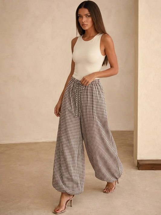 Pantalones holgados tipo globo a cuadros con cordón ajustable