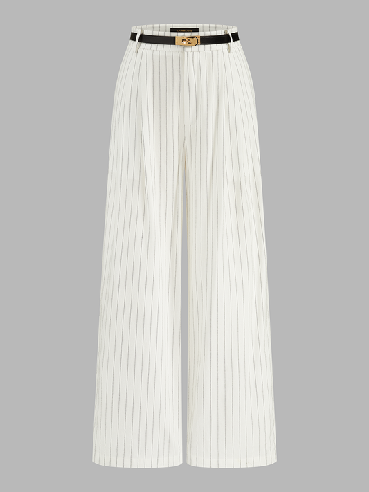 Pantalones anchos de lino y algodón a rayas con cinturón