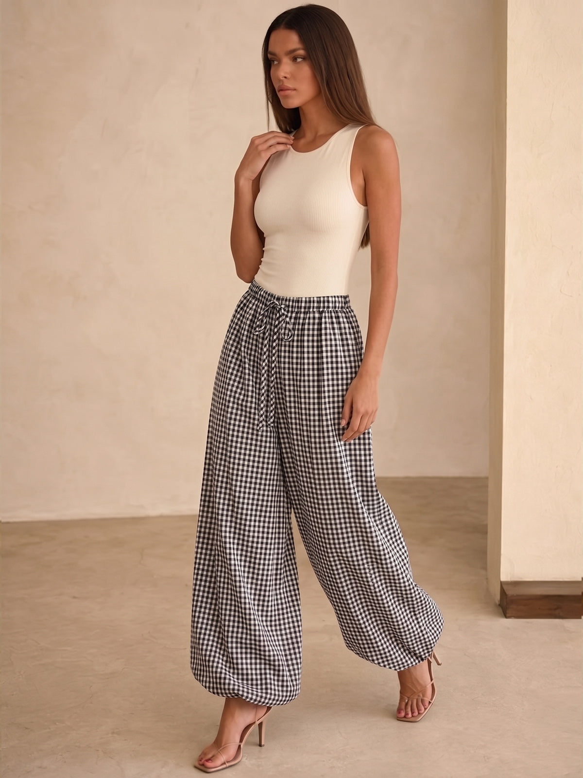 Pantalones holgados tipo globo a cuadros con cordón ajustable