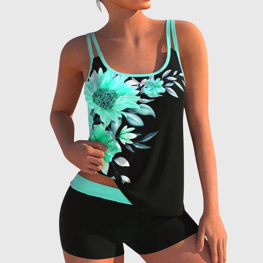 Flor – Tankini floral con shorts, efecto aplanador de abdomen